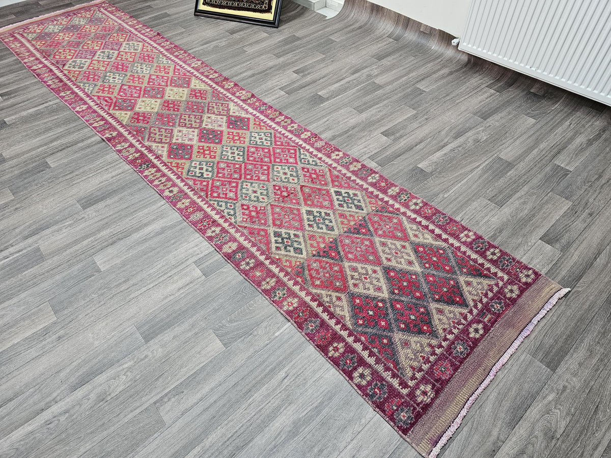 Hand Knotted Herki Runner Rug: Vintage Turkish Hallway Rug
