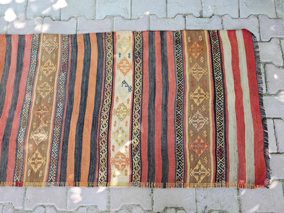 Vintage Turkish Wool Runner Rug: Striped Oushak Hallway Rug (3x13)