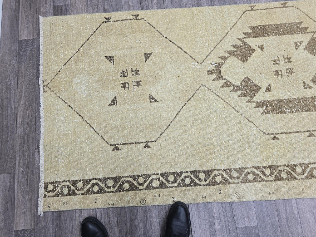 Vintage Anatolian Runner Rug: Cream Beige Wool Hallway Carpet (3.4x13.6 ft)