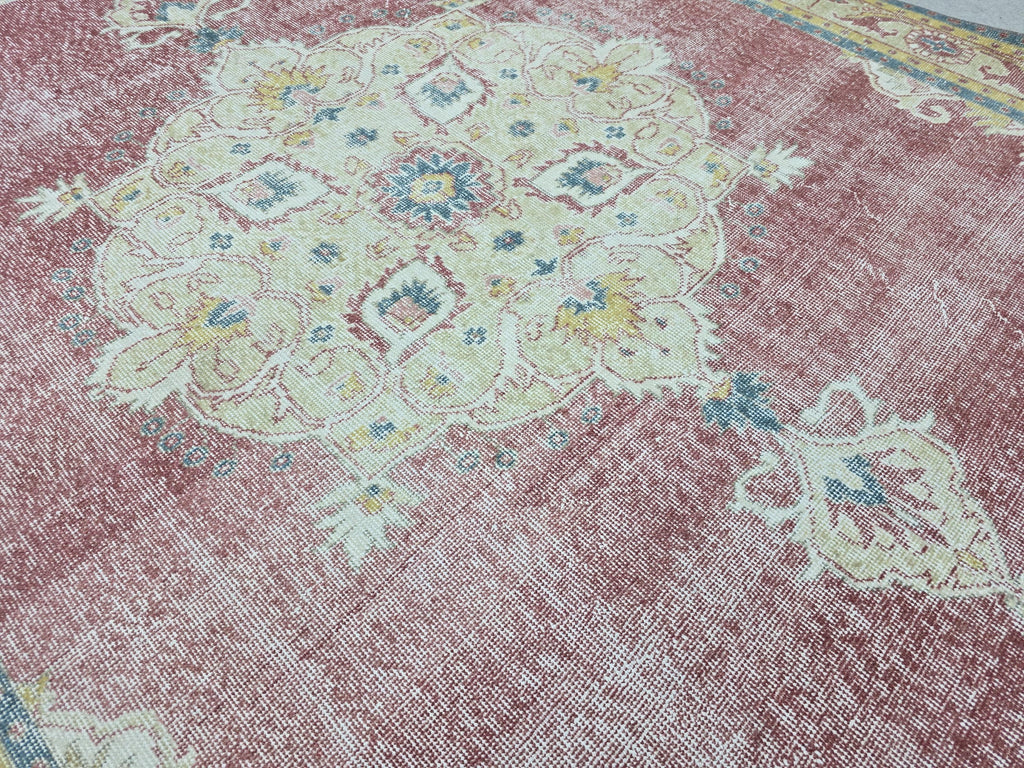 Turkish Rug 7x7, Vintage Pink Medallion Area Rug, Square Hand Knotted Wool Carpet for Living Room, Faded Rose Oushak Style