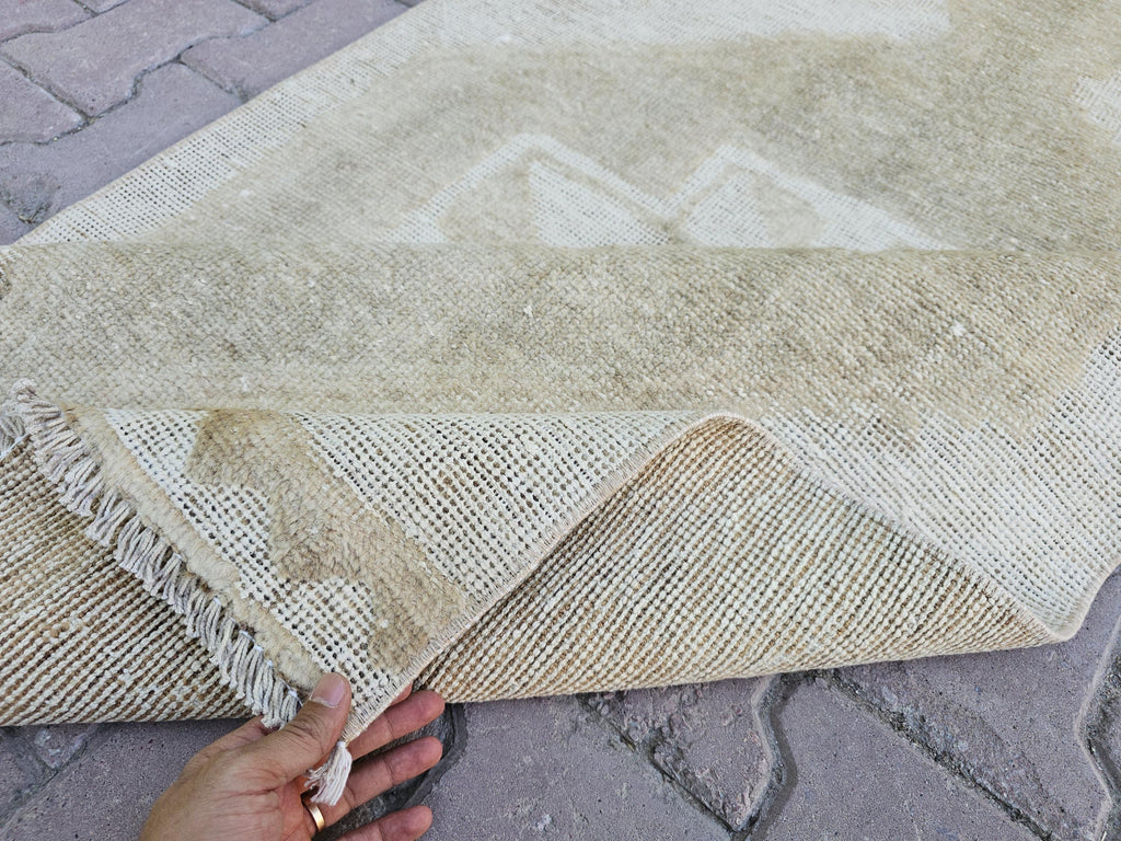 Beige Oushak Runner: Handmade Wool Anatolian Style Neutral Turkish Rug, 3.3x12.65 ft