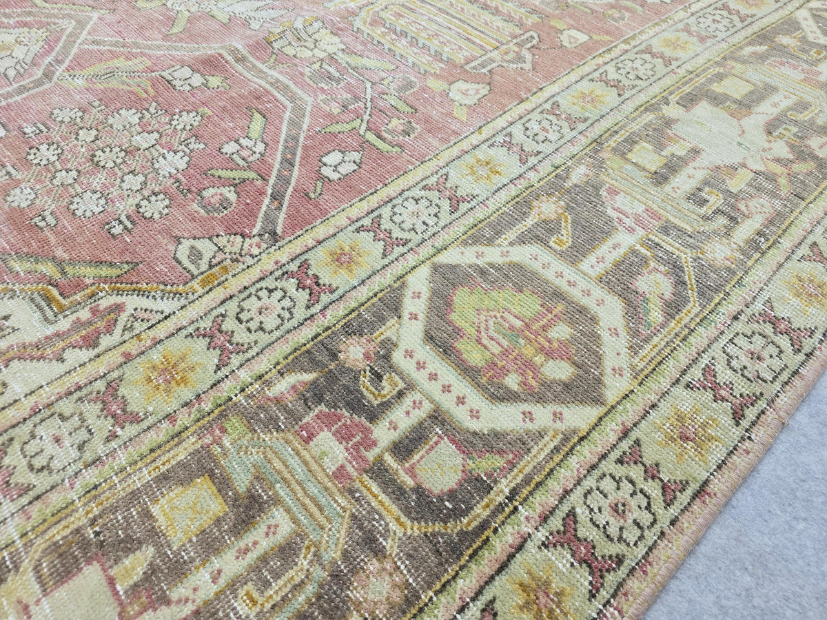 10x13 Vintage Turkish Wool Rug, Rose Pink Geometric Medallion, Distressed Area Carpet
