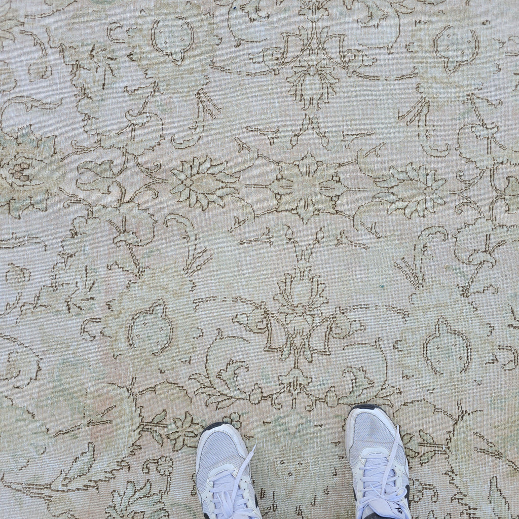 Turkish Rug 9x12 Soft Pink Beige Floral Vintage Hand Knotted Oushak Living Room Carpet