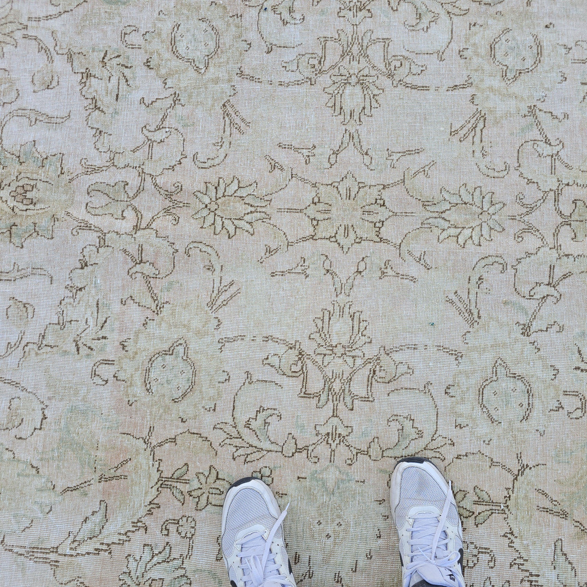 Turkish Rug 9x12 Soft Pink Beige Floral Vintage Hand Knotted Oushak Living Room Carpet