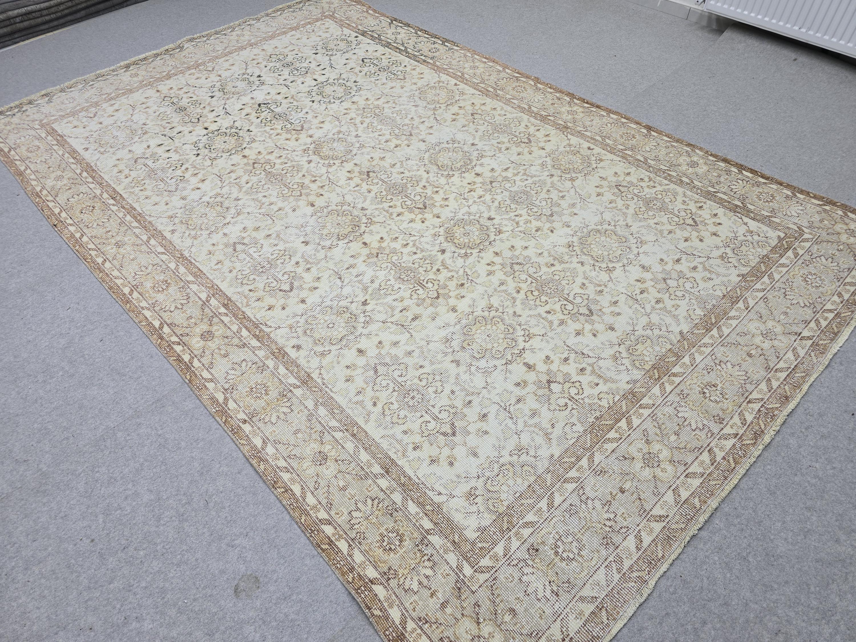 Vintage Turkish Oushak Rug 7x10, Hand Knotted Wool, Neutral Farmhouse