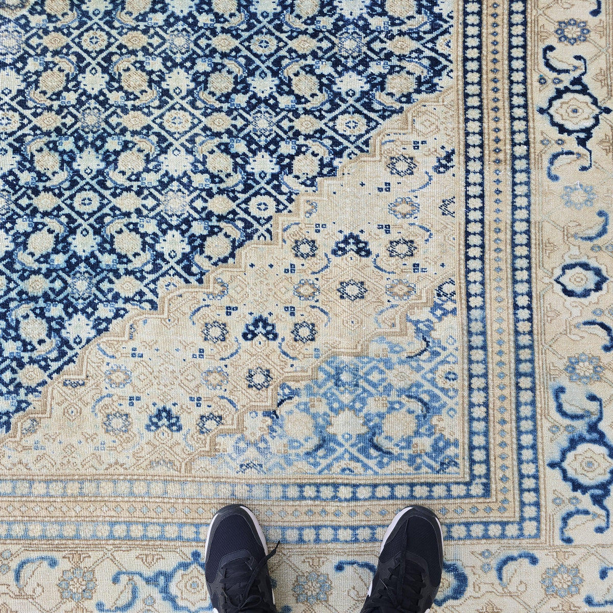 Wool 9x12 Oushak Rug -  Hand Knotted Wool Turkish Area Carpet Geometric Beige Blue