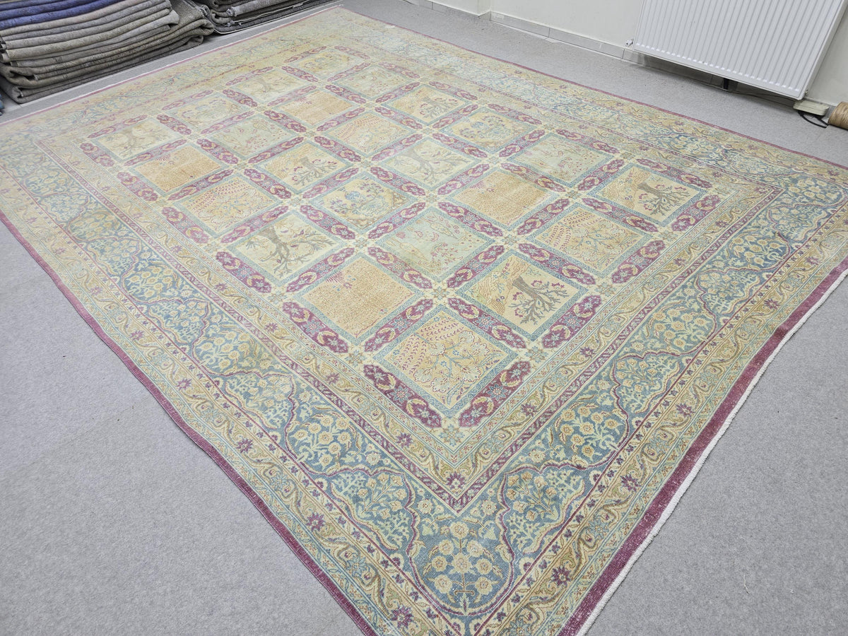 Vintage Rug 10x13 Antique 1910s Hand Knotted Wool Rug | Soft Blue Wheat Mauve | Living Room Dining Boho Decor