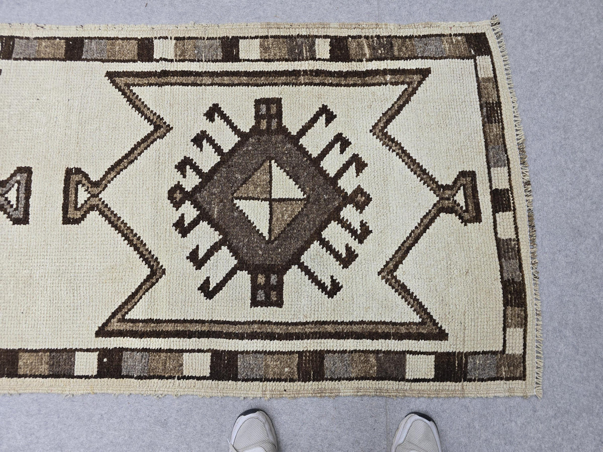 Turkish Rug 3x12 Runner, Hand Knotted Vintage Wool Hallway Runner, Neutral Ivory Brown Tribal Anatolian Stair Runner Boho Decor