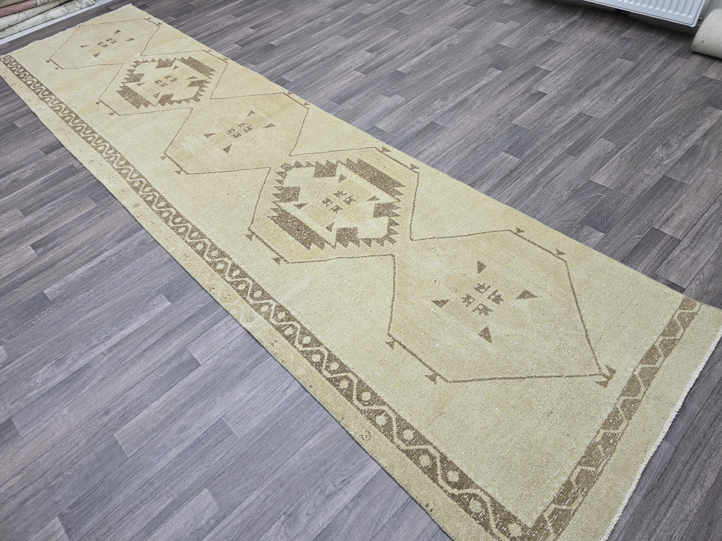Vintage Anatolian Runner Rug: Cream Beige Wool Hallway Carpet (3.4x13.6 ft)