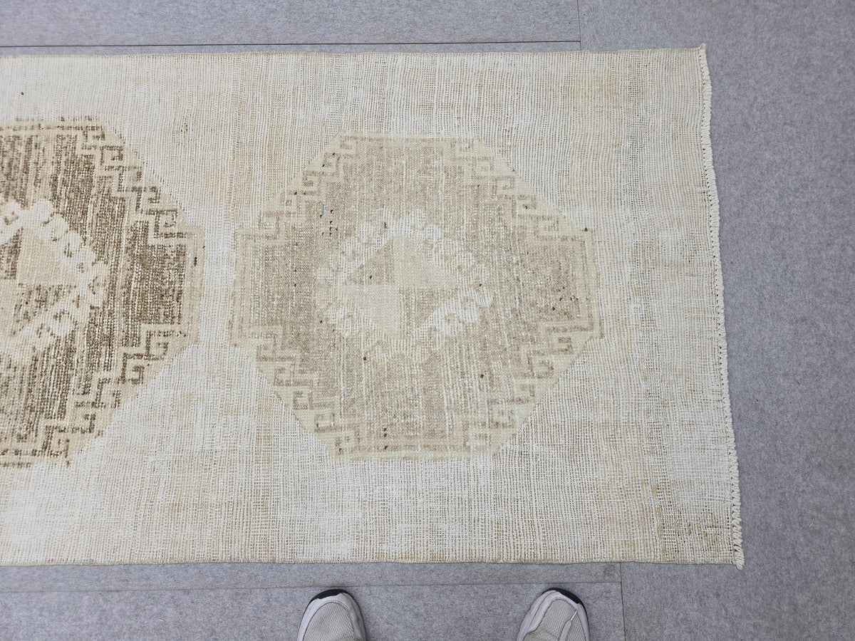 3x10 Oushak Runner Rug, Vintage Handwoven Anatolian Wool Runner, Neutral Faded Medallion Hallway Rug, Boho Rustic Decor