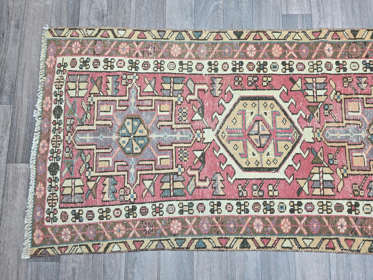 Vintage Turkish Runner Rug: Pink Beige Handknotted Wool, Geometric Hallway Decor (2.4x12.2 ft)