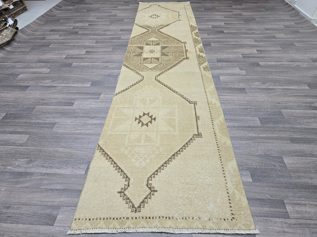 Vintage Anatolian Runner Rug: Cream Beige Wool Hallway Carpet, 3x13 Boho Rug
