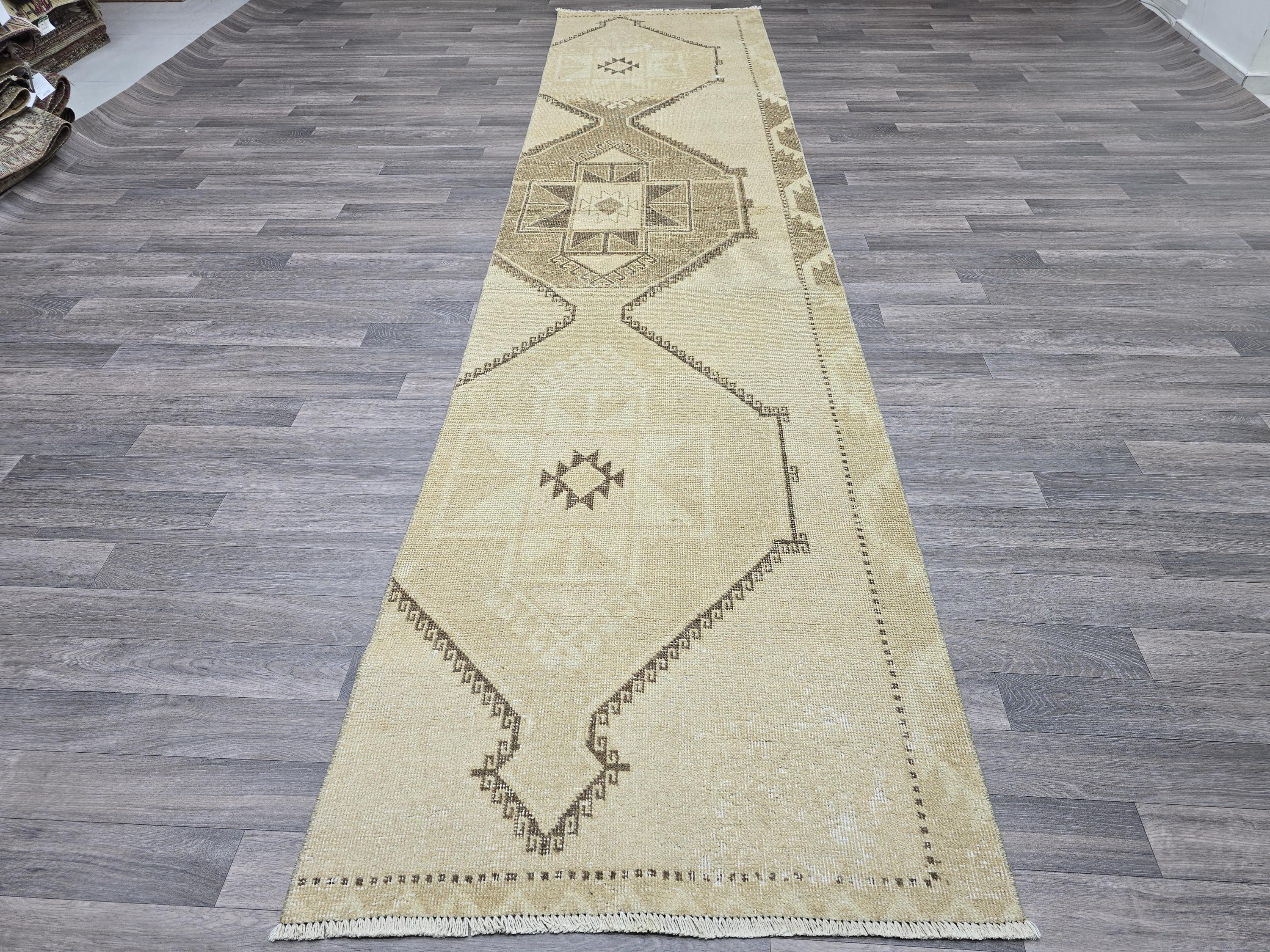 Vintage Anatolian Runner Rug: Cream Beige Wool Hallway Carpet, 3x13 Boho Rug
