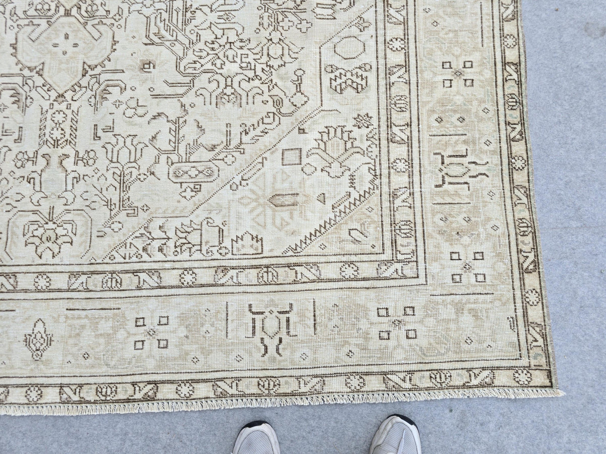 Turkish Rug 8x10, Ivory Bone Beige Wool Area Rug, Tribal Medallion Vintage Carpet for Living Room, Bedroom, Office, Boho Rustic Decor