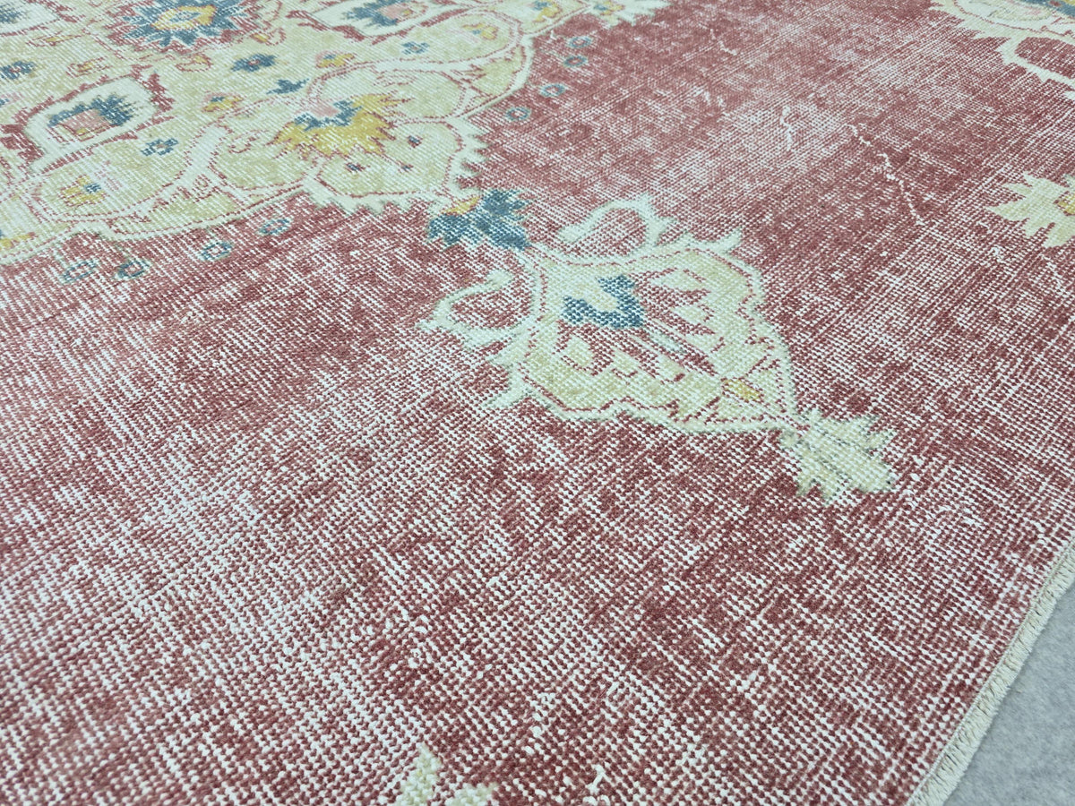 Turkish Rug 7x7, Vintage Pink Medallion Area Rug, Square Hand Knotted Wool Carpet for Living Room, Faded Rose Oushak Style