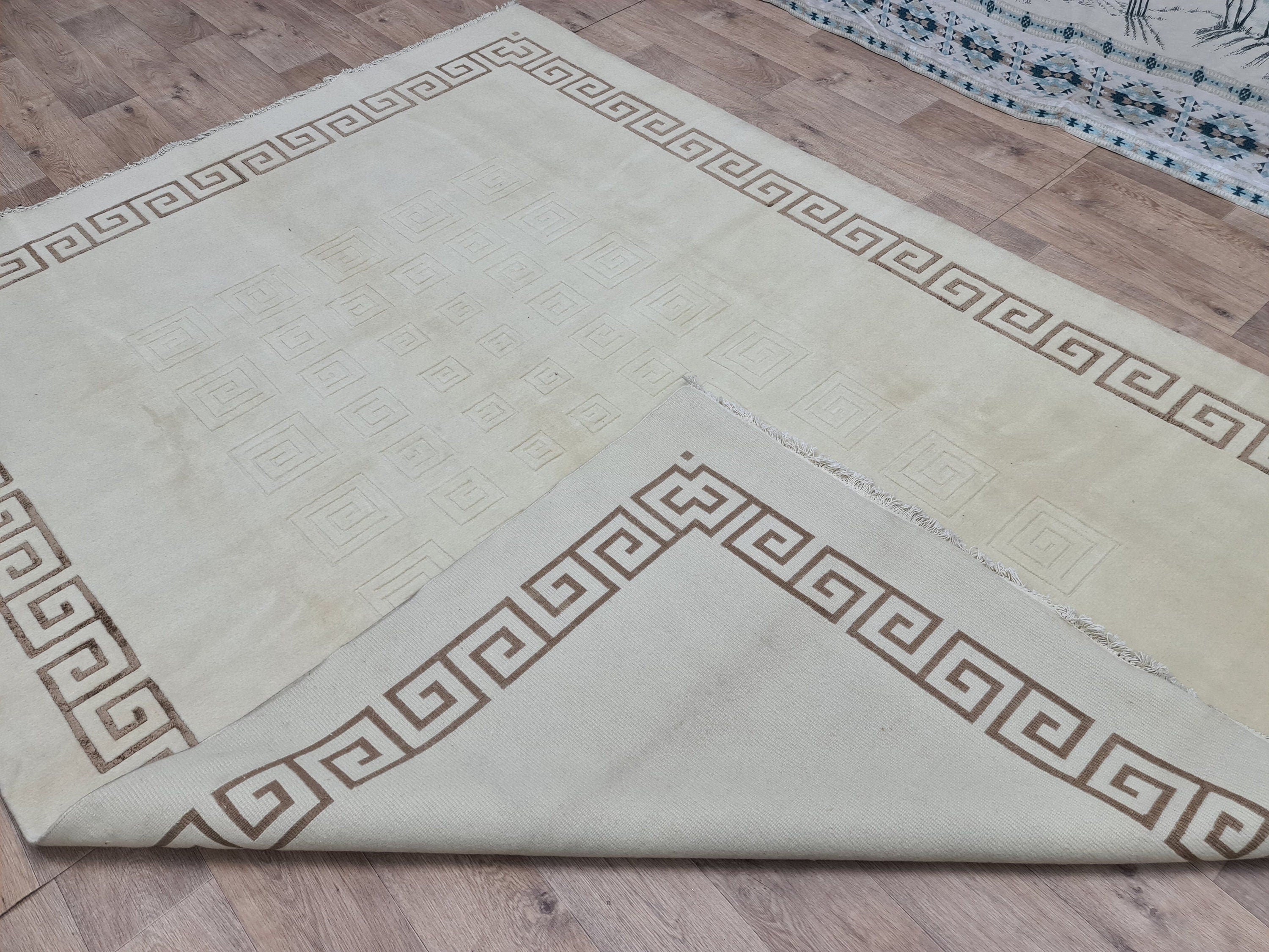 Cream Hand-Knotted Wool Area Rug: 6.82x9.35 ft, Vintage Boho Rug