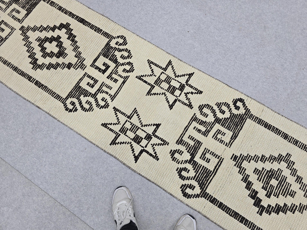 Vintage Rug Runner 2x11, Ivory Black Tribal Hand Knotted Wool Hallway Runner, Anatolian Geometric Boho Stair Runner