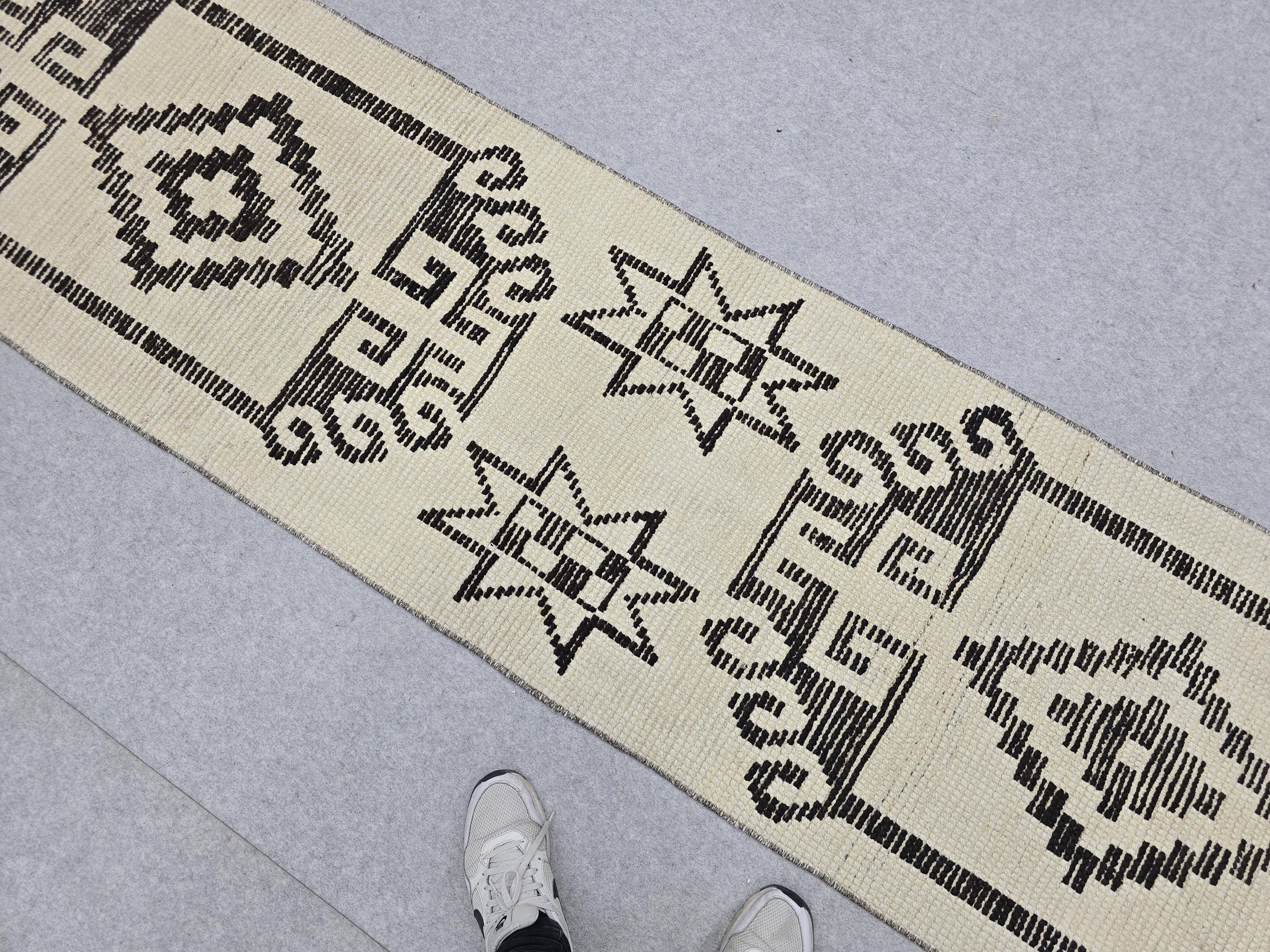 Vintage Rug Runner 2x11, Ivory Black Tribal Hand Knotted Wool Hallway Runner, Anatolian Geometric Boho Stair Runner