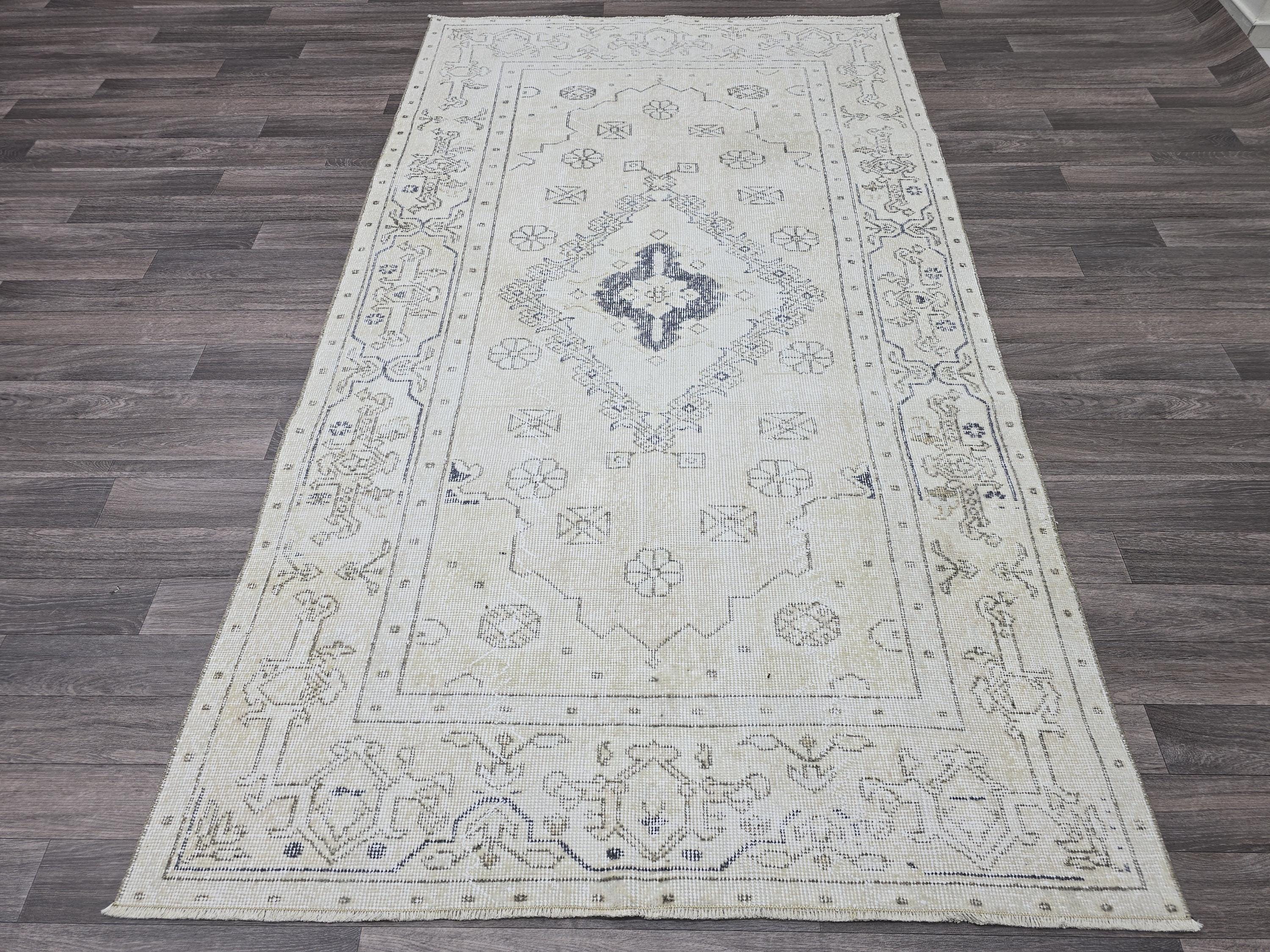 4x7 Oushak Rug - Neutral Vintage Turkish Rug: 4.3x7.7ft Hand-Knotted Wool Rug