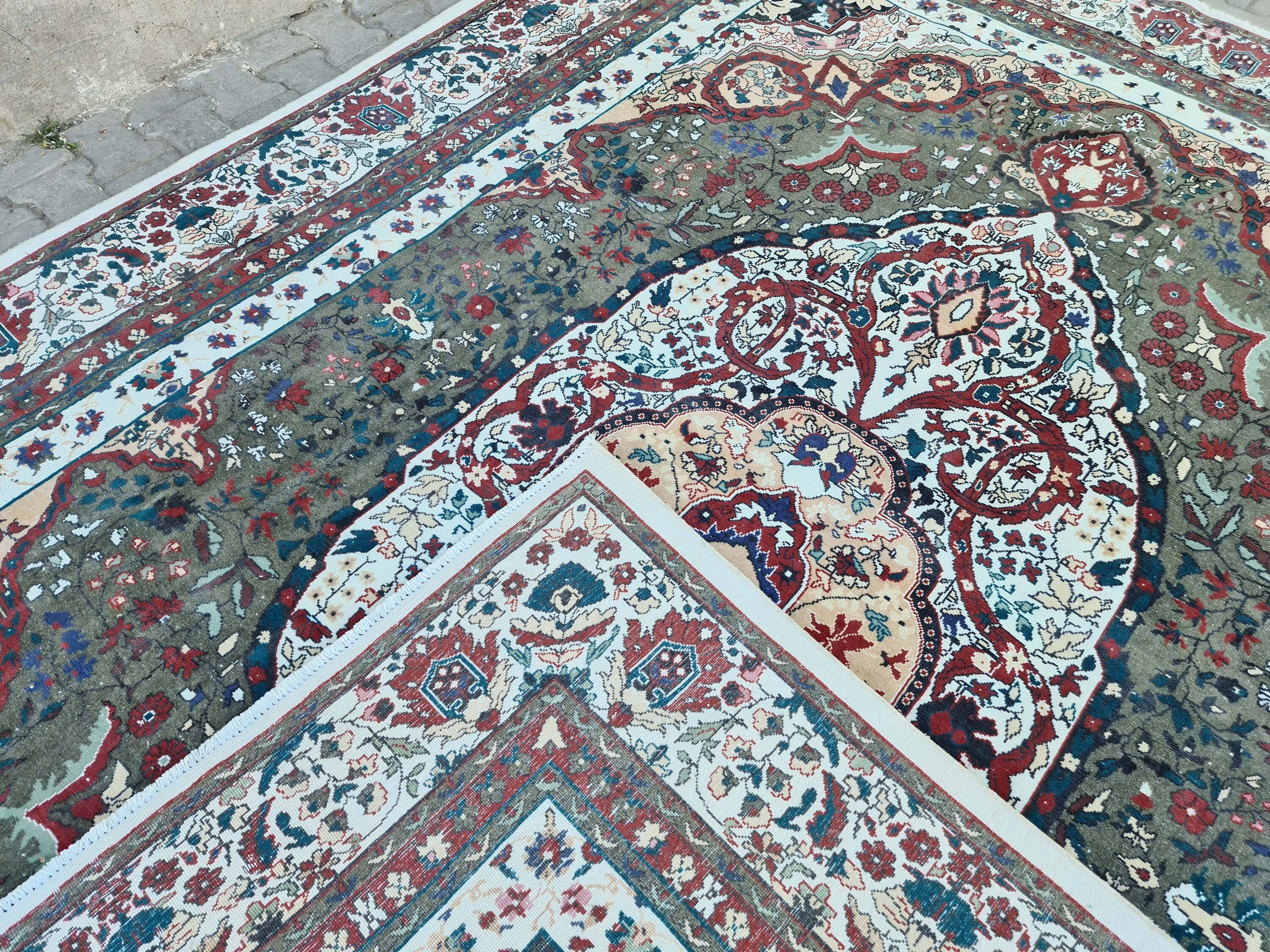 9x13 Vintage Turkish rug - Oversize Hand-Knotted Wool Oushak Area Rug: 9x13 Vintage Anatolian Carpet Green Cream rug
