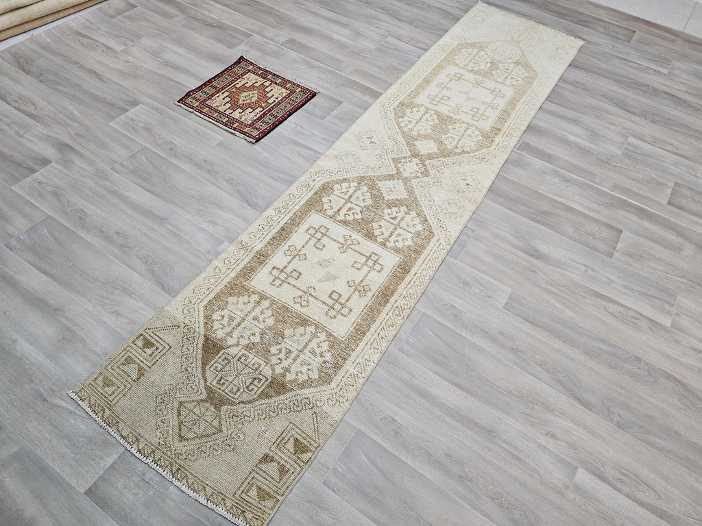Hand Knotted Turkish Wool Runner Rug: Neutral Anatolian Design (2.50x11.85 feet)