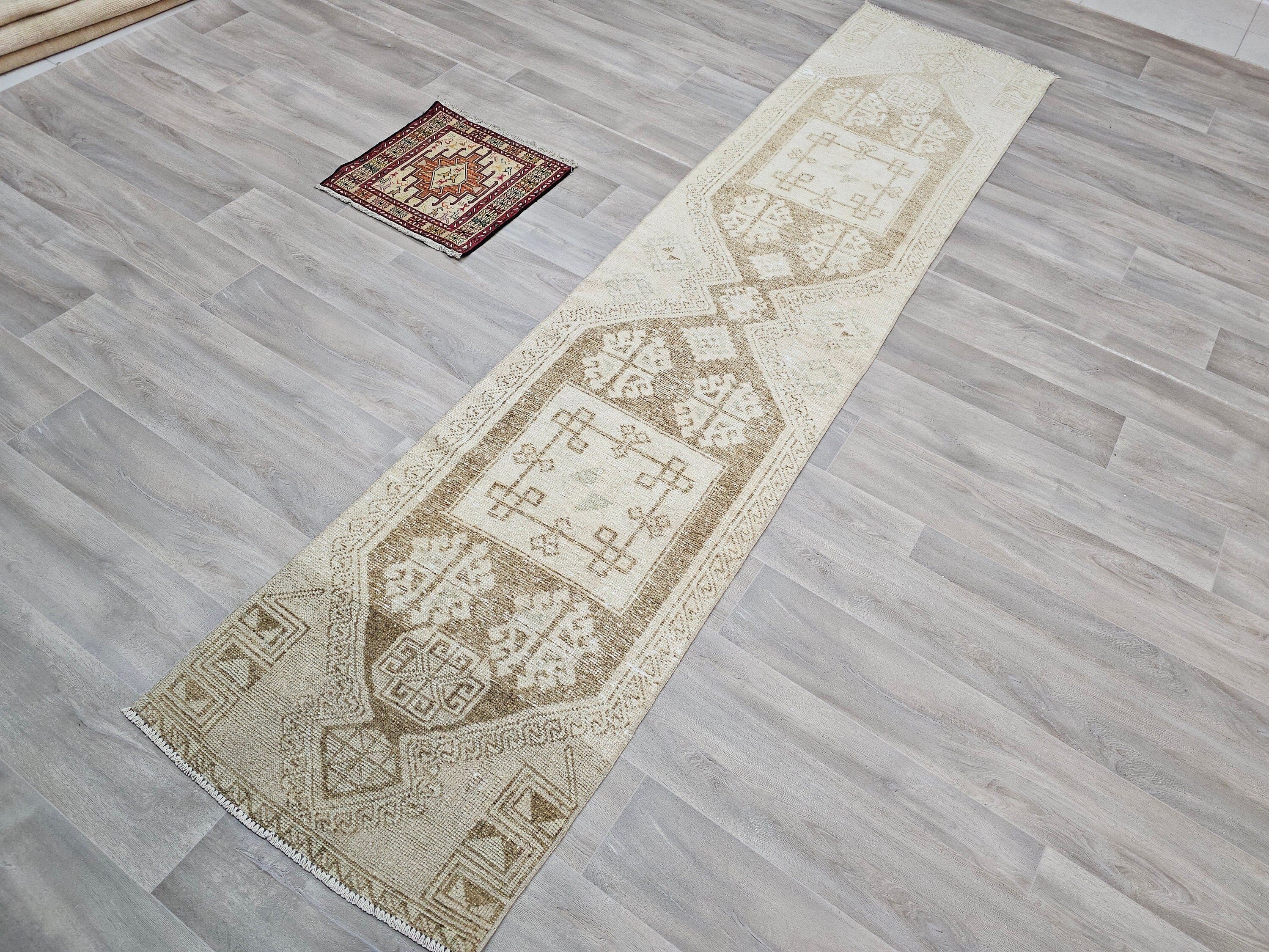 Hand Knotted Turkish Wool Runner Rug: Neutral Anatolian Design (2.50x11.85 feet)