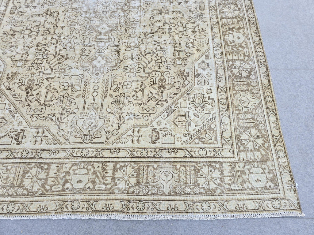Vintage Turkish Rug, Neutral Beige 8x11 Area Rug, Handwoven Distressed Medallion Rug