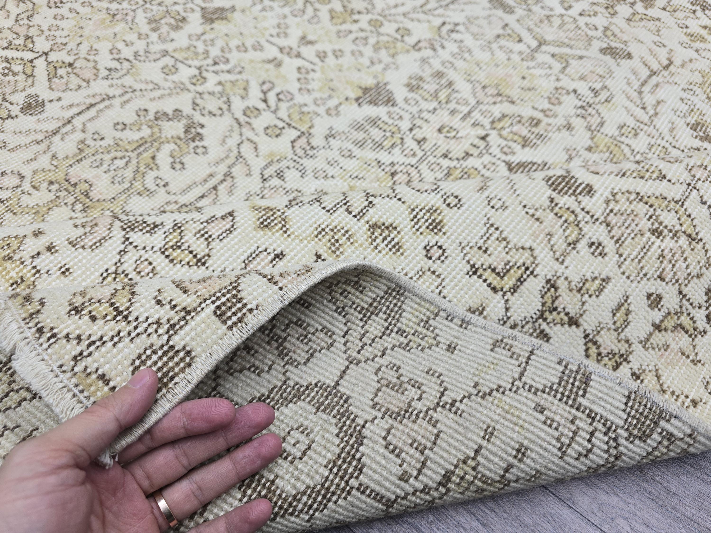 Vintage Turkish Oushak Runner Rug 4x7: Beige Wool Hallway Carpet