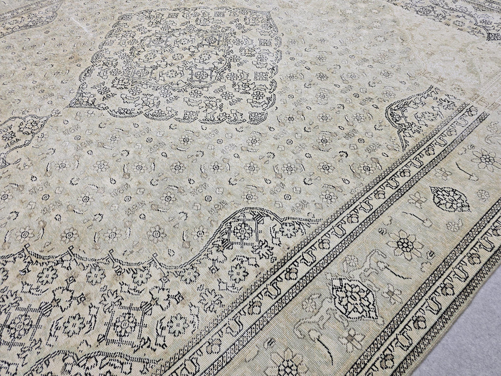 10x12 Vintage Rug | Cream Ivory Tabriz Style Hand Knotted Wool Rug | Neutral Beige Turkish Carpet 9x12