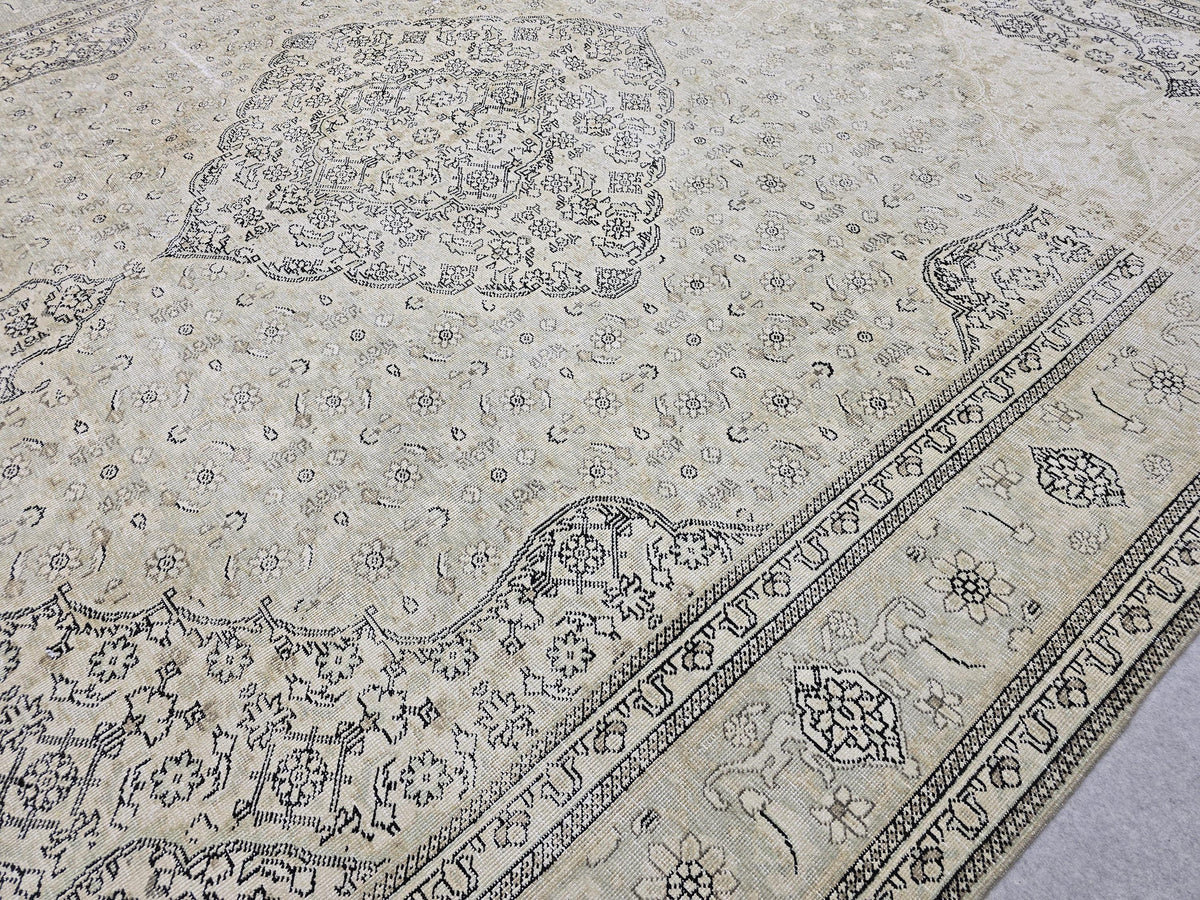 10x12 Vintage Rug | Cream Ivory Tabriz Style Hand Knotted Wool Rug | Neutral Beige Turkish Carpet 9x12