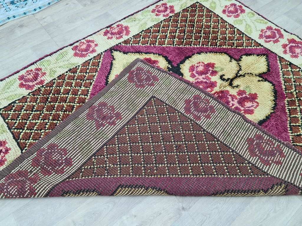 Hand Knotted Wool Oushak Rug: Vintage Turkish High Pile Carpet (6.3x7.25 ft)