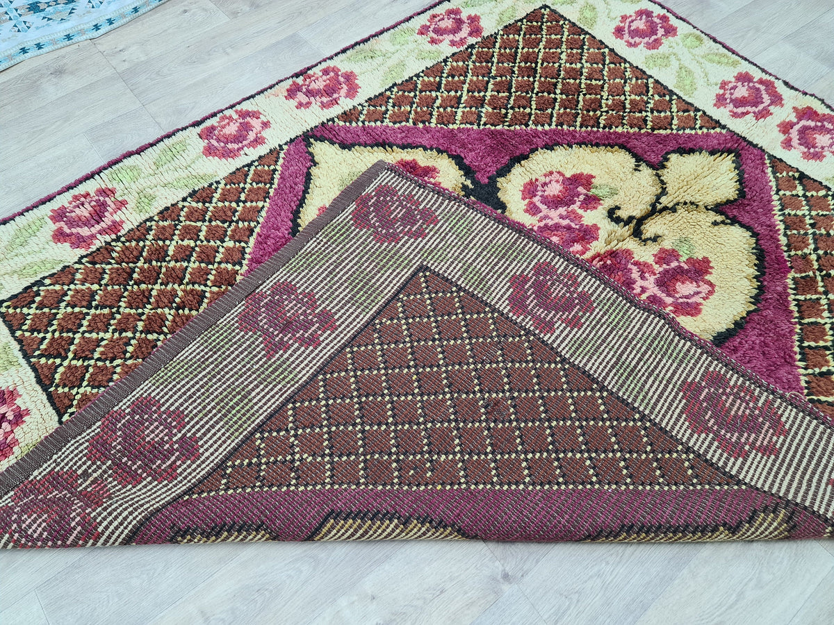 Hand Knotted Wool Oushak Rug: Vintage Turkish High Pile Carpet (6.3x7.25 ft)