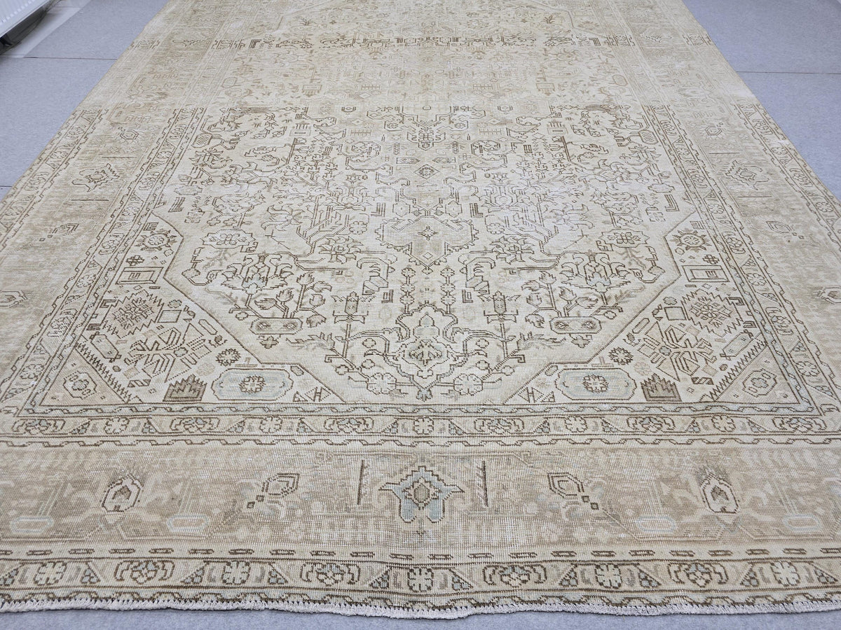 Oushak Rug 9x12, Antique Beige Medallion Wool Carpet, Muted Tan Hand Knotted Vintage Area Rug for Office or Living Room