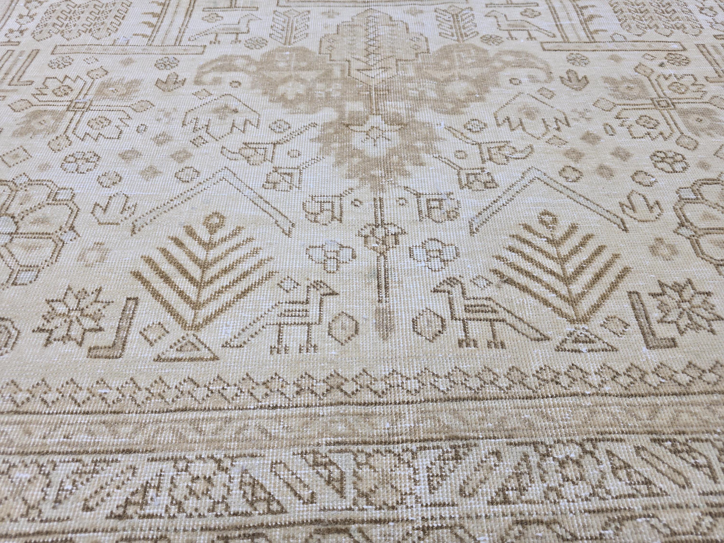 Hand Knotted Oushak Rug | Muted Sand Beige Vintage Turkish Wool Area Carpet