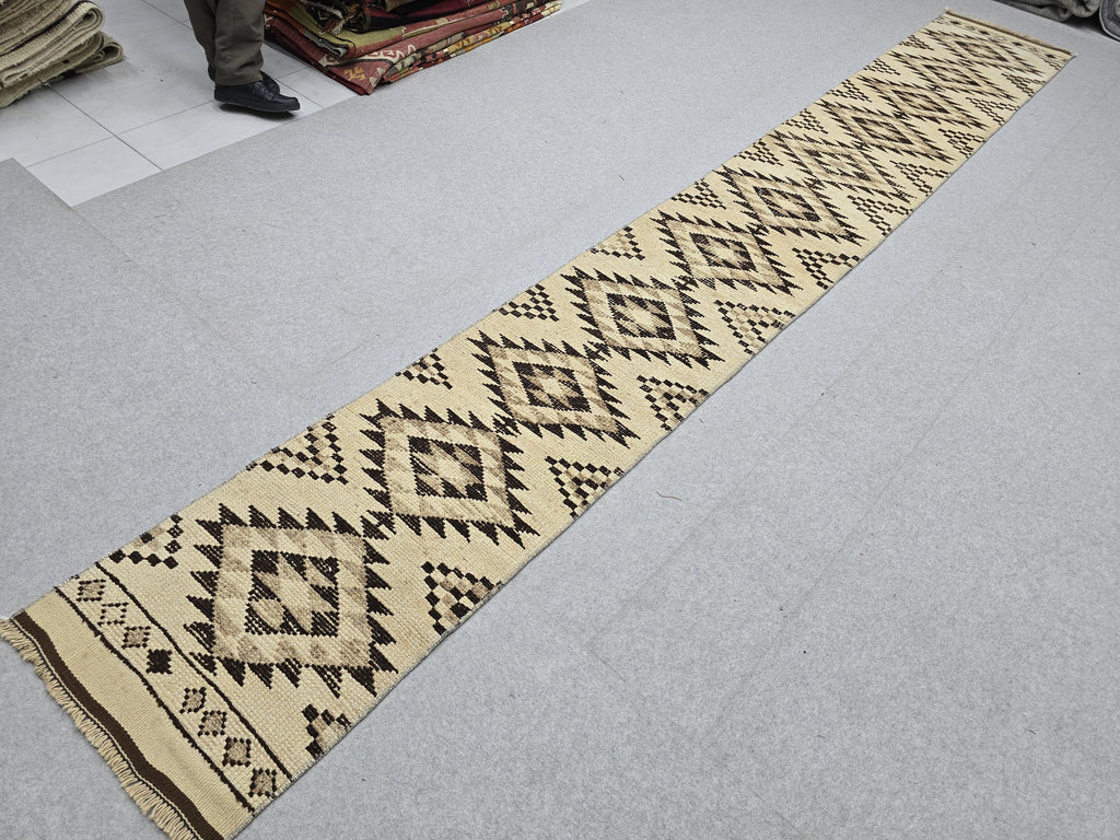 Oushak Runner 2x14, Hand Knotted Vintage Wool Extra Long Hallway Runner rug, Cream Brown Diamond Tribal Anatolian Runner, Boho runner