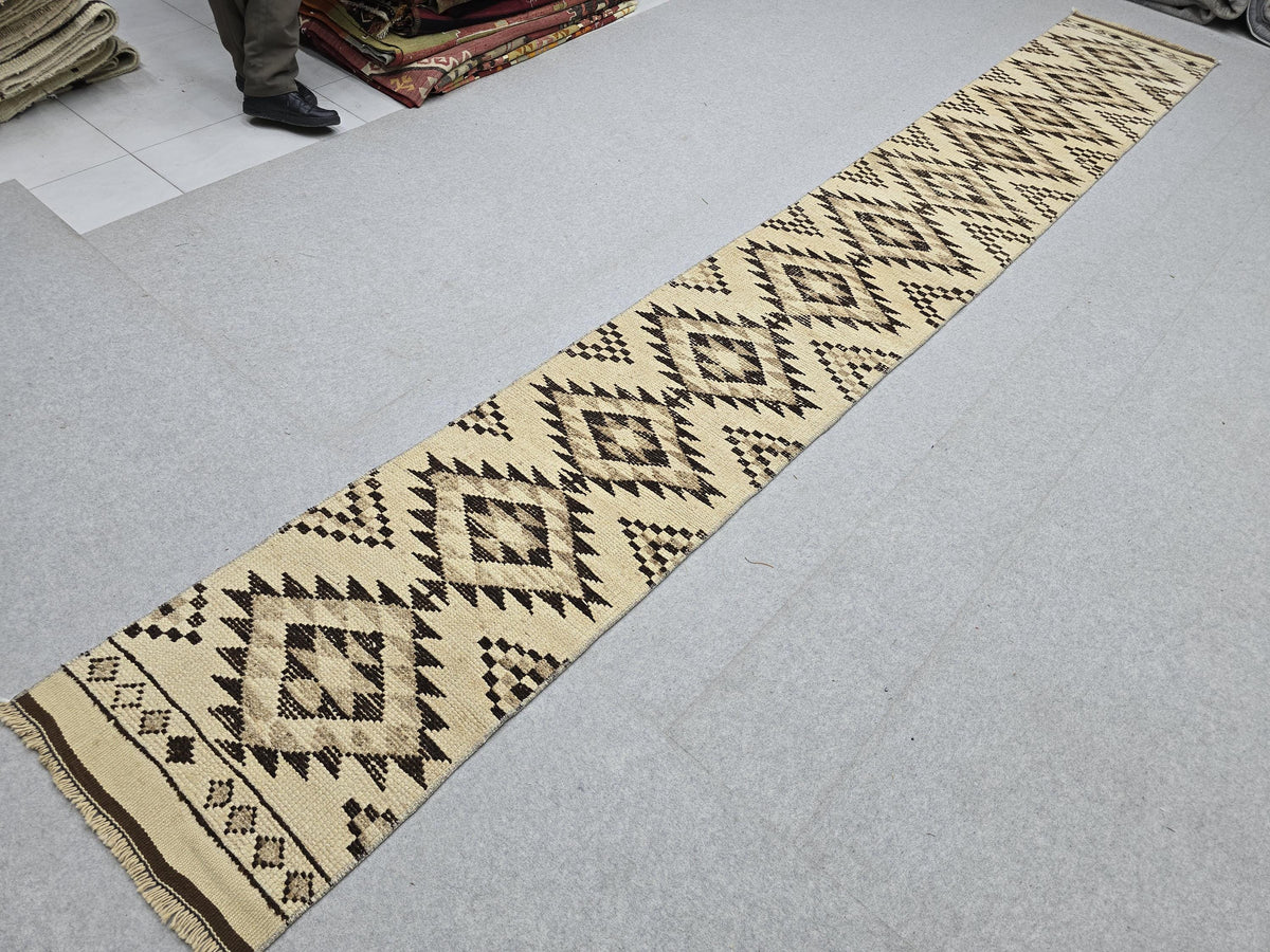 Oushak Runner 2x14, Hand Knotted Vintage Wool Extra Long Hallway Runner rug, Cream Brown Diamond Tribal Anatolian Runner, Boho runner