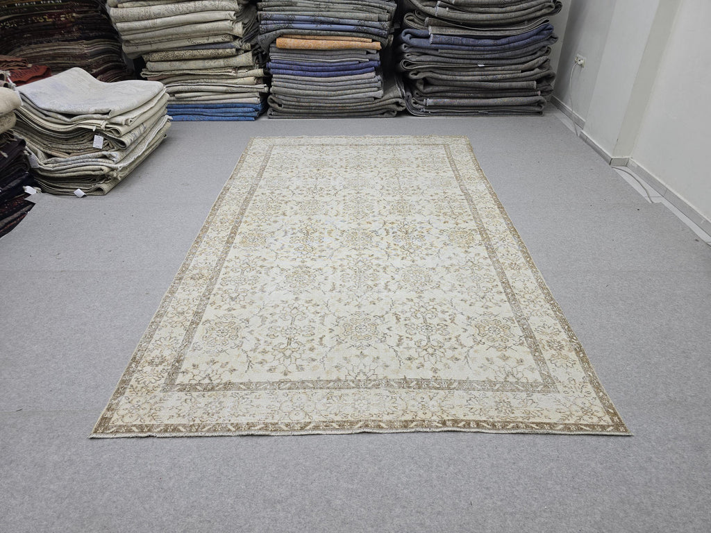 Oushak Rug 6x10 Vintage Turkish Handwoven Beige Cream Neutral Distressed Wool Area Carpet 191x317 cm