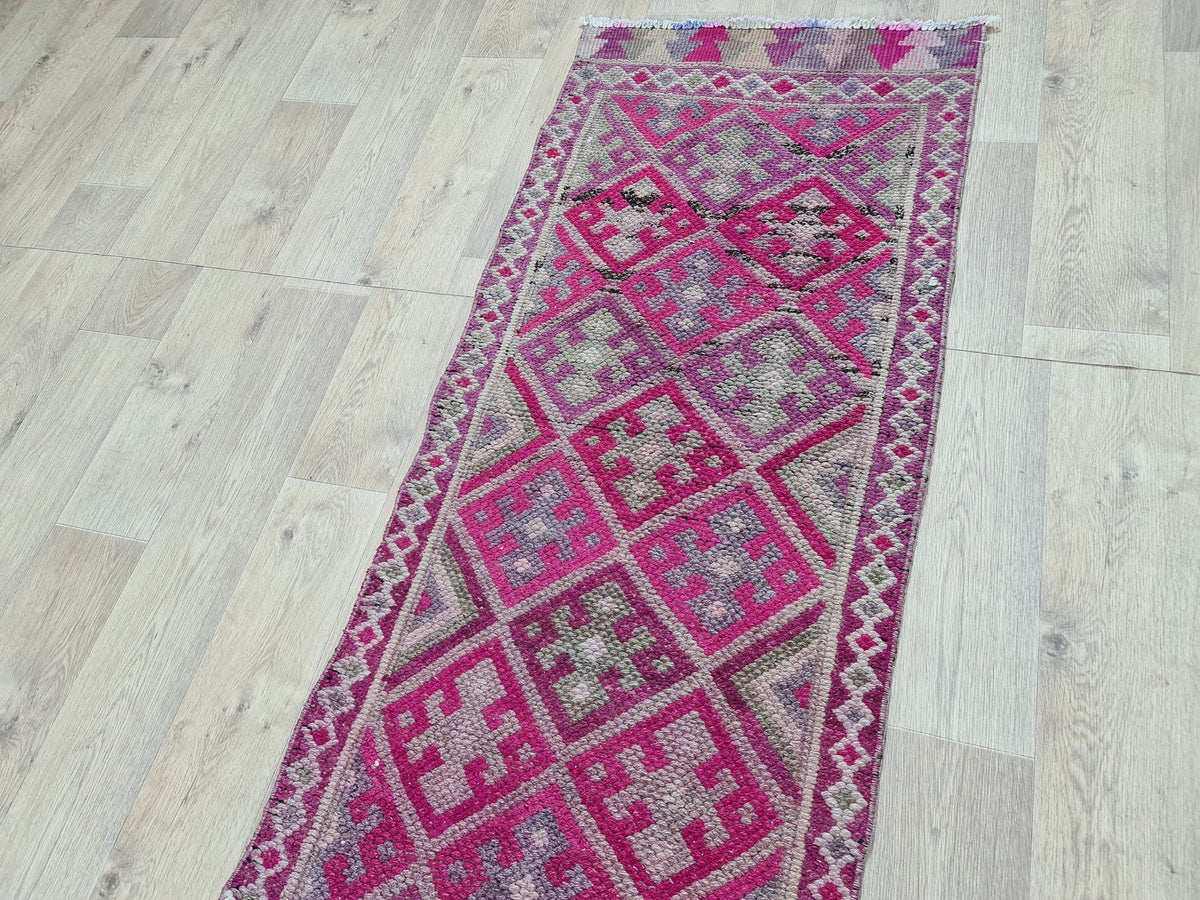 Vintage Hand Knotted Wool Runner Rug: Colorful Herki Design (2.23 x 12 ft)