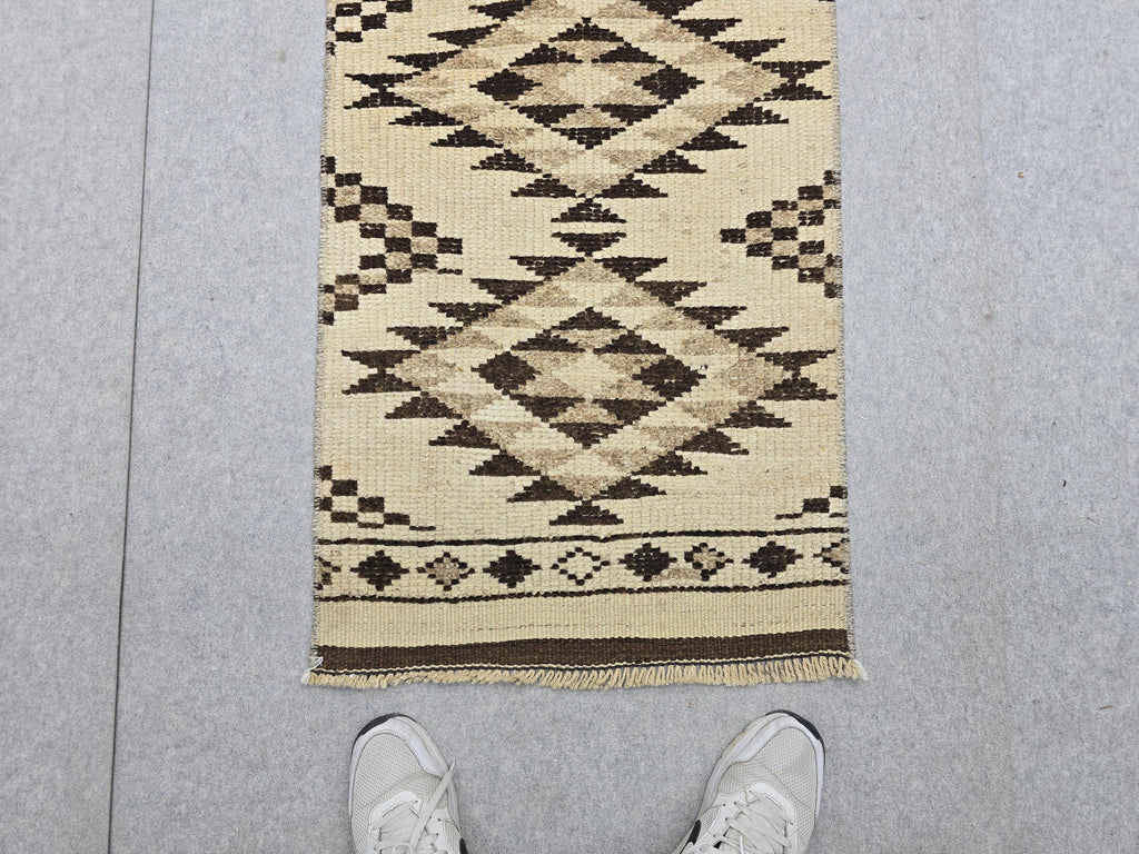 Oushak Runner 2x14, Hand Knotted Vintage Wool Extra Long Hallway Runner rug, Cream Brown Diamond Tribal Anatolian Runner, Boho runner