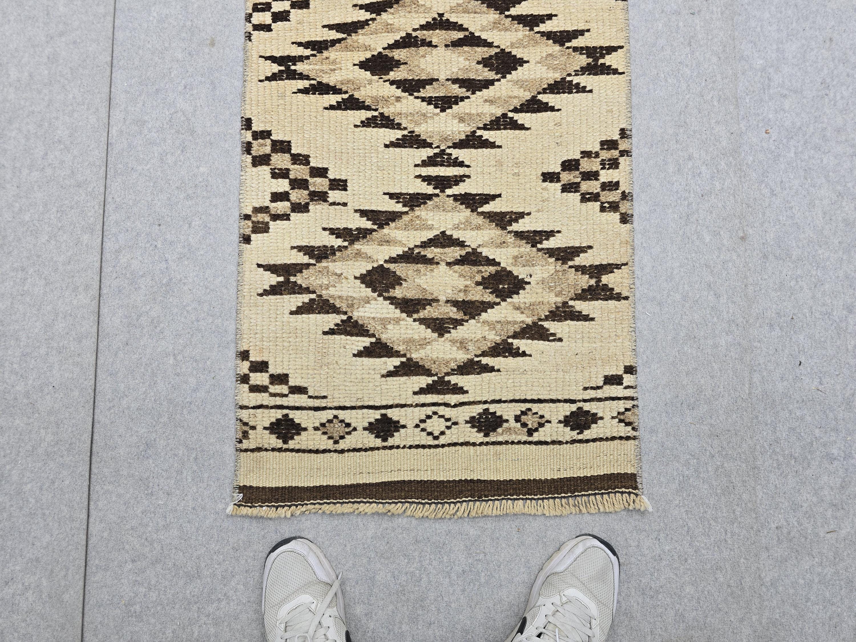 Oushak Runner 2x14, Hand Knotted Vintage Wool Extra Long Hallway Runner rug, Cream Brown Diamond Tribal Anatolian Runner, Boho runner