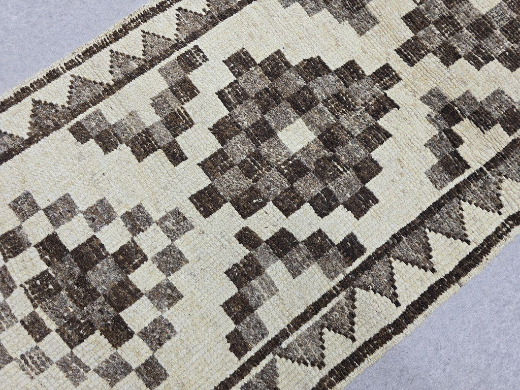 Vintage Rug Runner 3x11 | Neutral Cream Brown Tribal Hallway Carpet | Hand Knotted Wool Turkish Runner