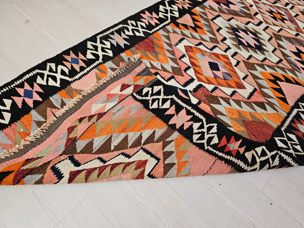 Geometric Wool Turkish Runner Rug: Vintage Oushak Design, 3x11 ft