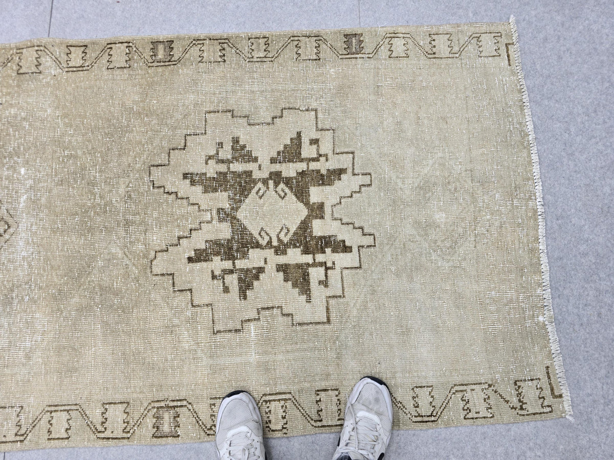 Turkish Rug 3.5x10 Runner, Wheat Brown Wool Rug for Entryway, Tribal Star Medallion Carpet, Neutral Stair Runner, Rustic Dining Decor