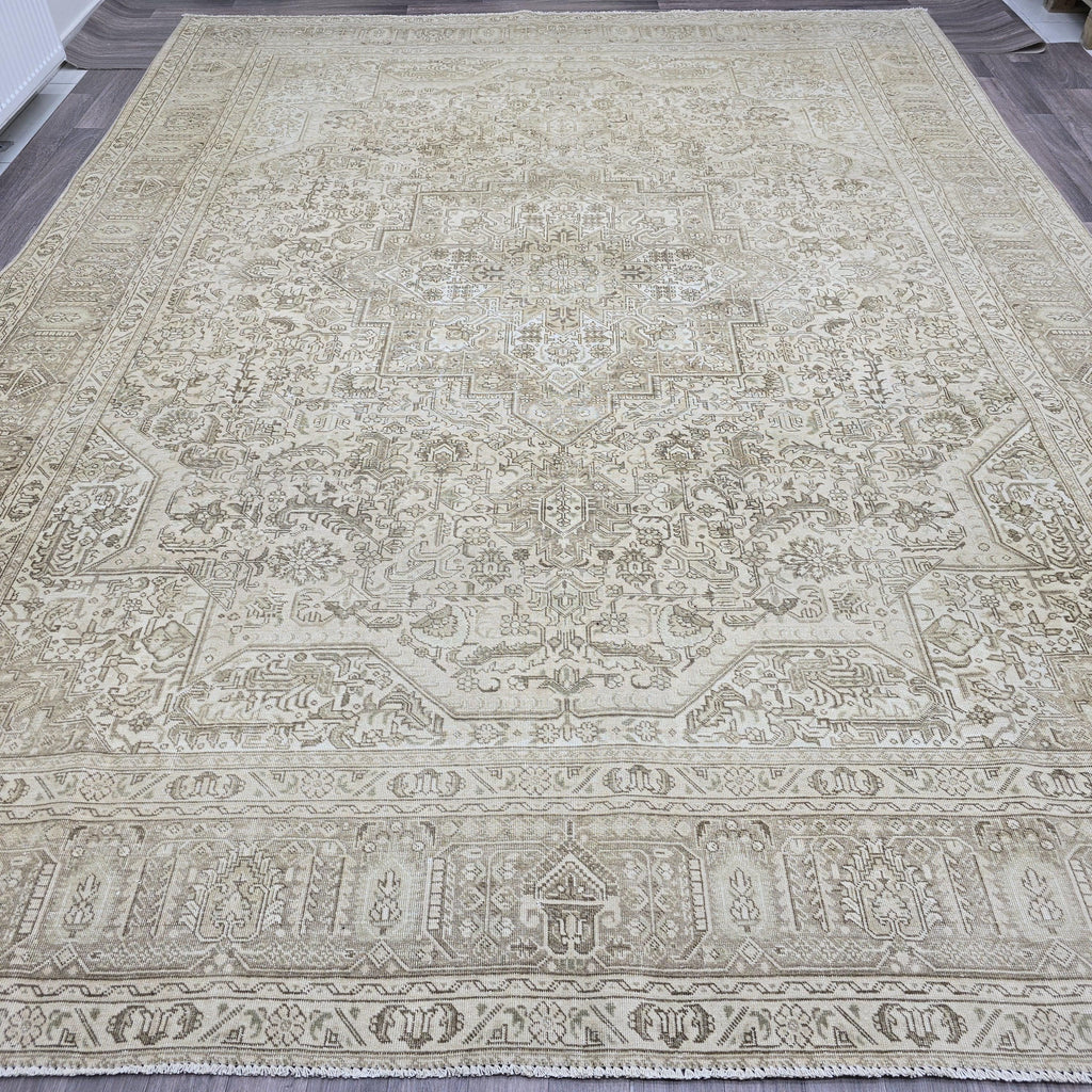 9x12 Hand-Knotted Oushak Rug: Neutral Distressed Vintage Turkish Carpet