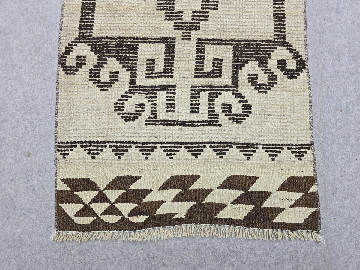 Vintage Rug 2x11 Runner, Hand Woven Herki Wool Hallway Runner, Cream Beige Tribal Anatolian Long Runner, Boho Farmhouse Kitchen Runner