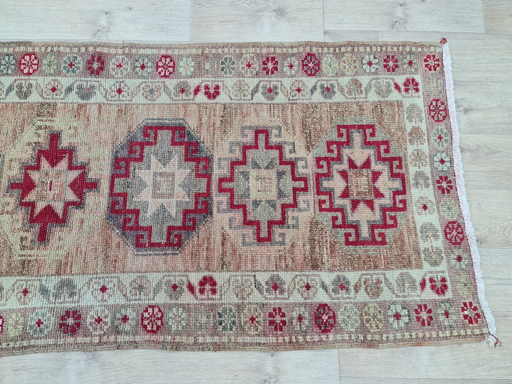 Hand Woven Wool Runner Rug: Vintage Oushak Herki Design (2.85x11.8 feet)