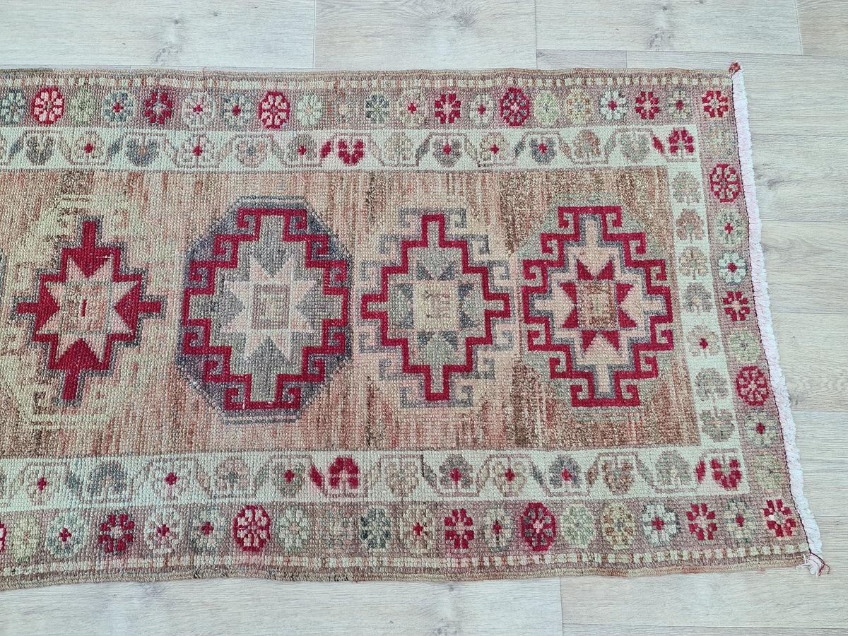 Hand Woven Wool Runner Rug: Vintage Oushak Herki Design (2.85x11.8 feet)