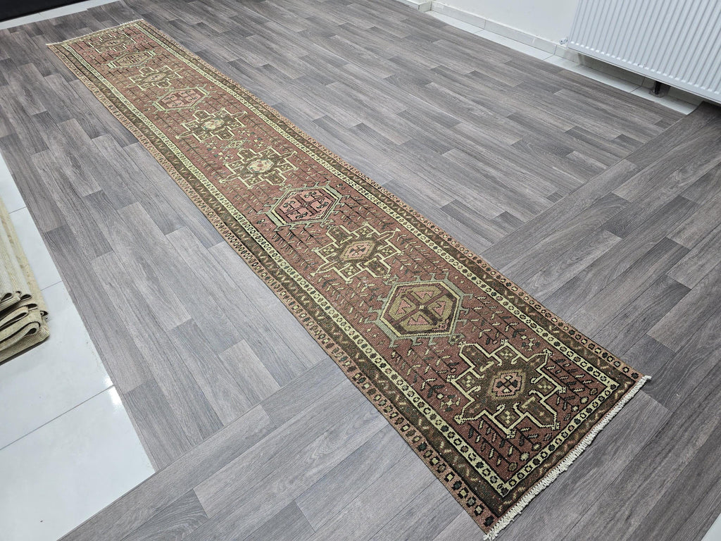 Hand Knotted Wool Heriz Runner Rug: 2.5x14 Long Anatolian Hallway Carpet