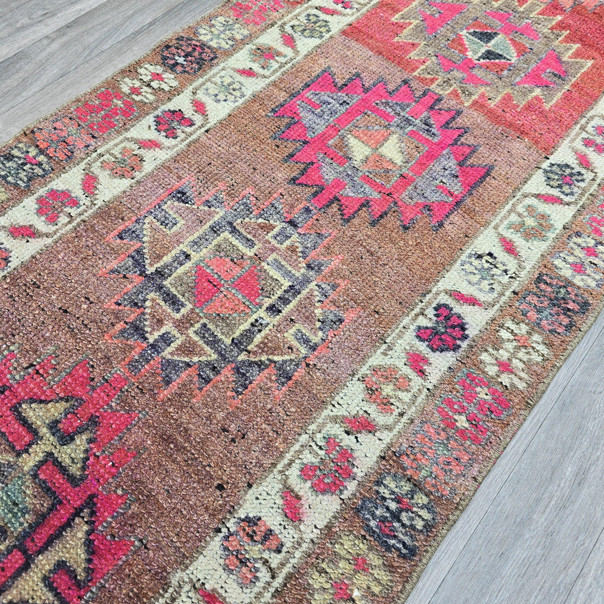 Vintage Turkish Oushak Runner Rug: Pink & Blue Wool Hallway Carpet