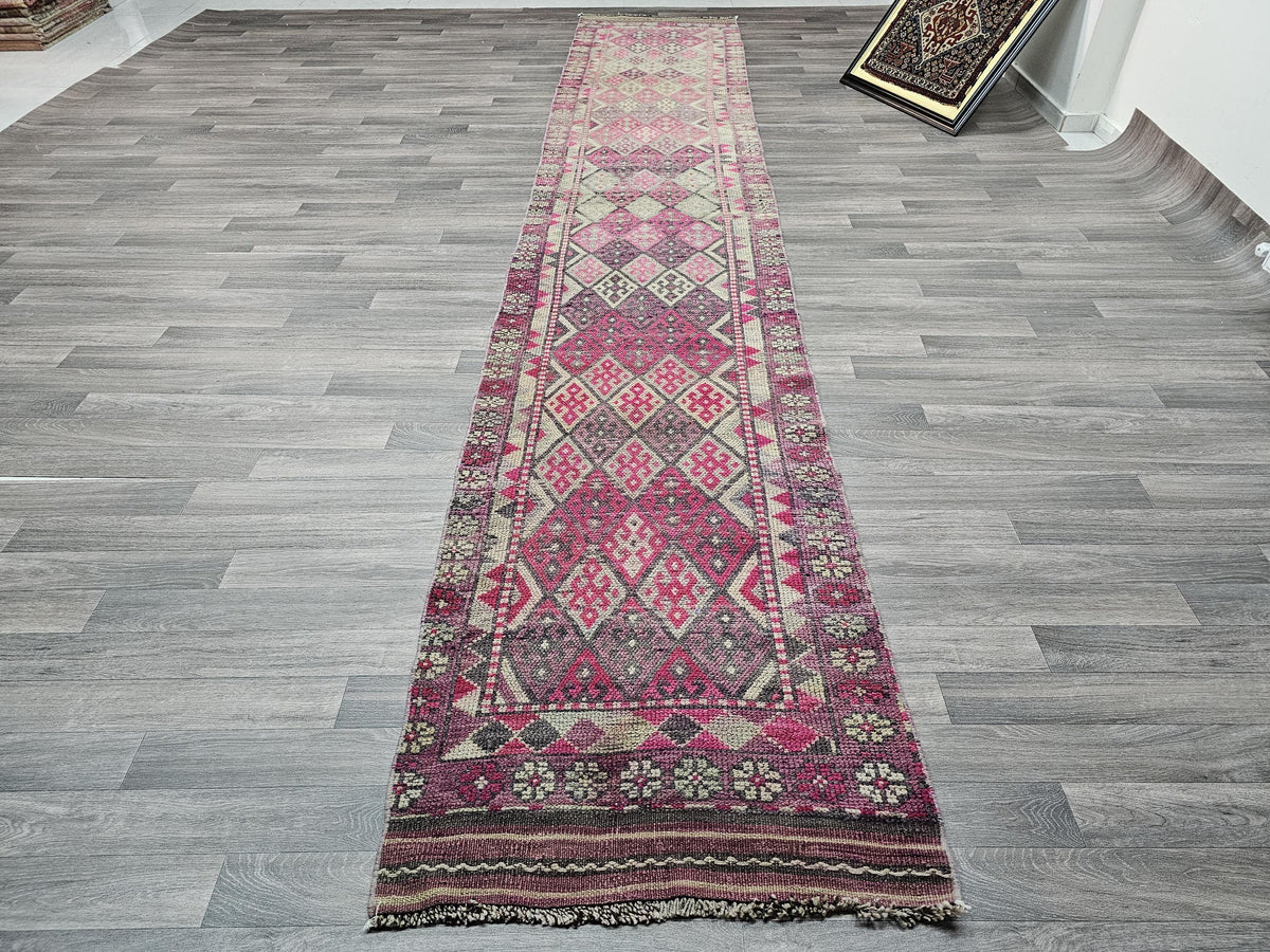 Hand Knotted Wool Turkish Runner: Vintage Geometric Hallway Rug (2.70x14.70 ft)